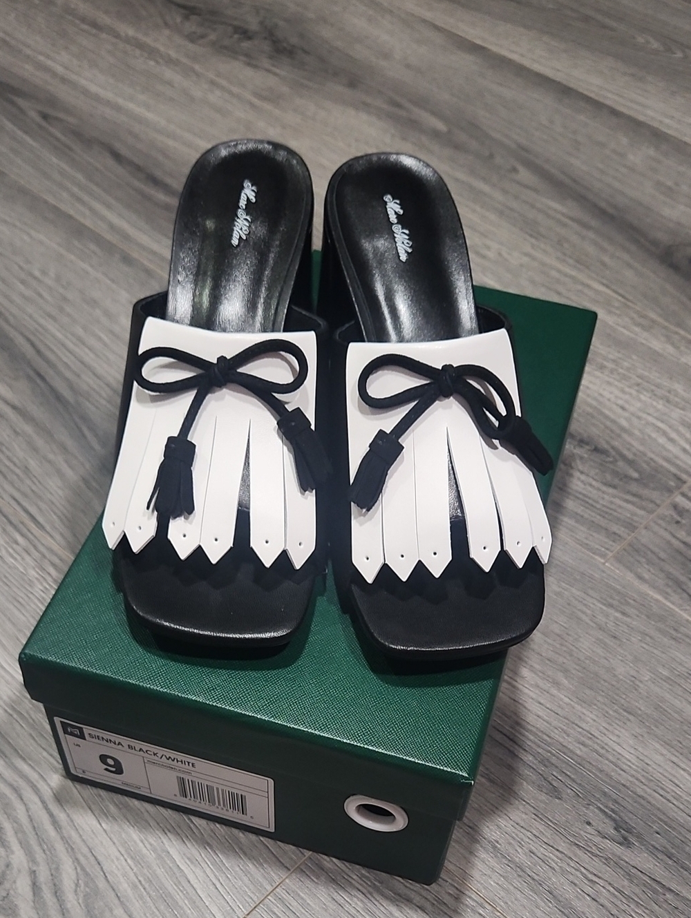 NIB Marc Nolan Sienna Black & White Tassel Leather Slide Heels